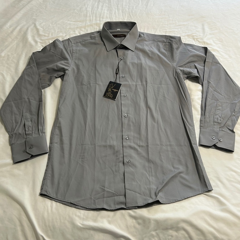 Vitarelli Mens Gray Long Sleeve Dress Shirt Size 16 34/35 NWT Solid Button Up